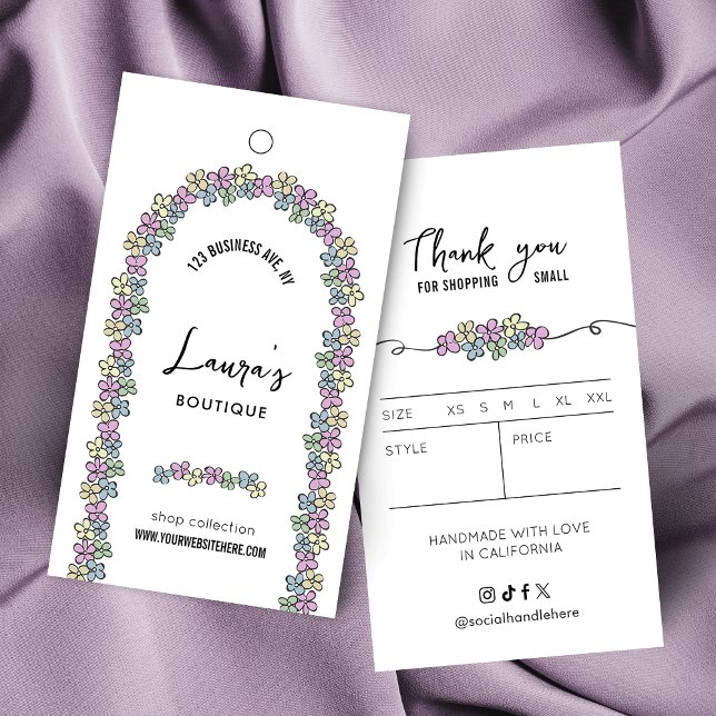 Boutique Hang Tag de vêtements floraux pour filles (Unique girly clothing hang tags with hand-drawn flower arch design)