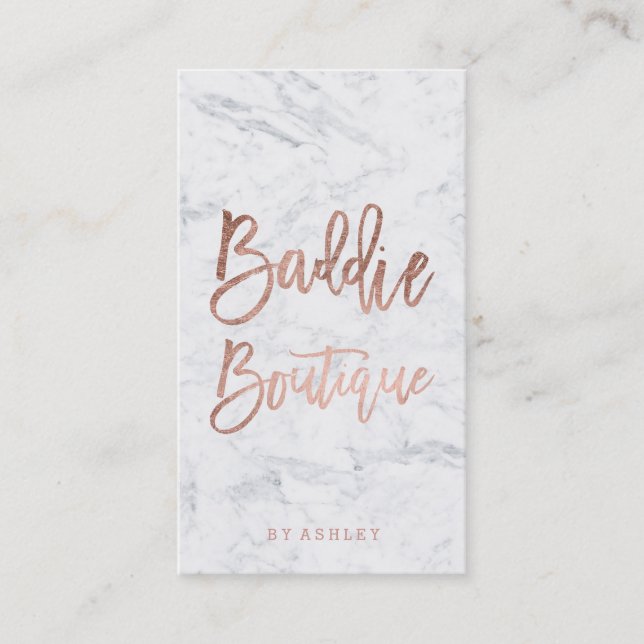 Boutique script rose gold typography marble business card (Front)