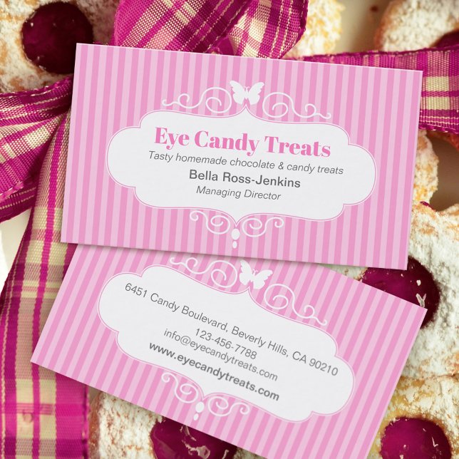 Boutique shop candy pink stripe business card (Creator Uploaded)