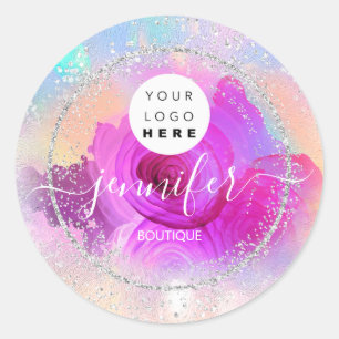 Boutique Shop Glitter Framed Silver Pink Roses Classic Round Sticker