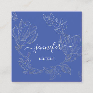 Boutique Shop Grey Blue Flowers QR Logo Square Business Card