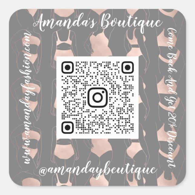 Boutique Shop Lingerie QrCode Logo Body Grey Rose Square Sticker (Front)
