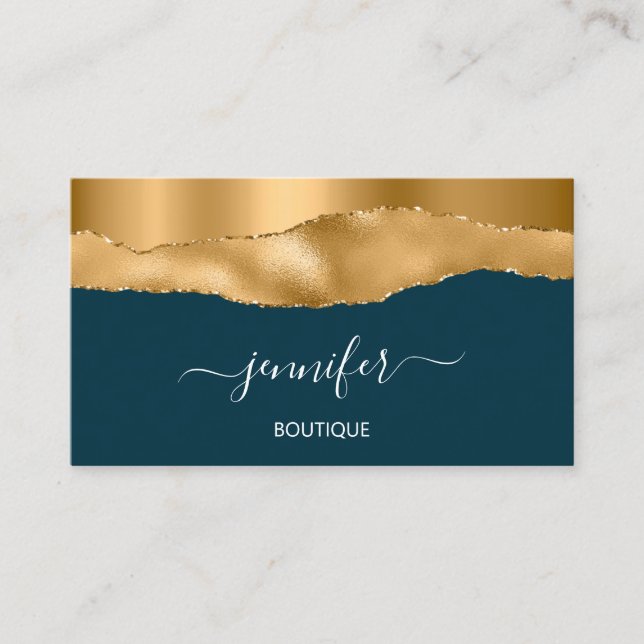 Boutique Shop Yellow Teal Gold QRCode Professional Business Card (Front)
