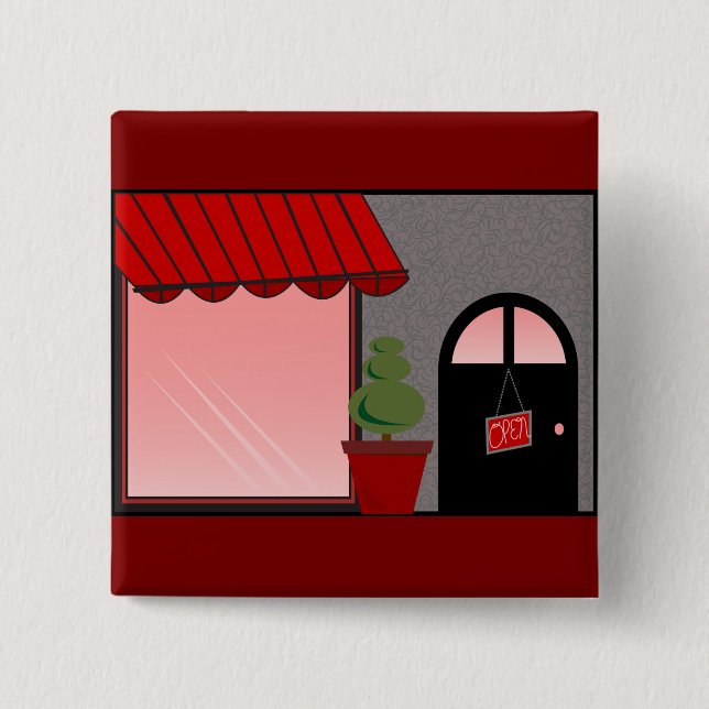 Boutique Storefront Red Black Topiary Open 2 Inch Square Button (Front)