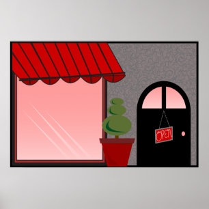 Boutique Storefront Red Black Topiary Open Poster