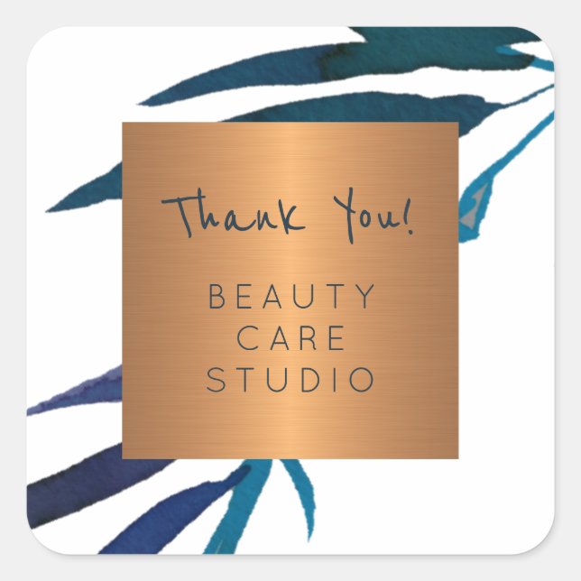 Boutique studio copper metallic leaves thank you square sticker (Front)