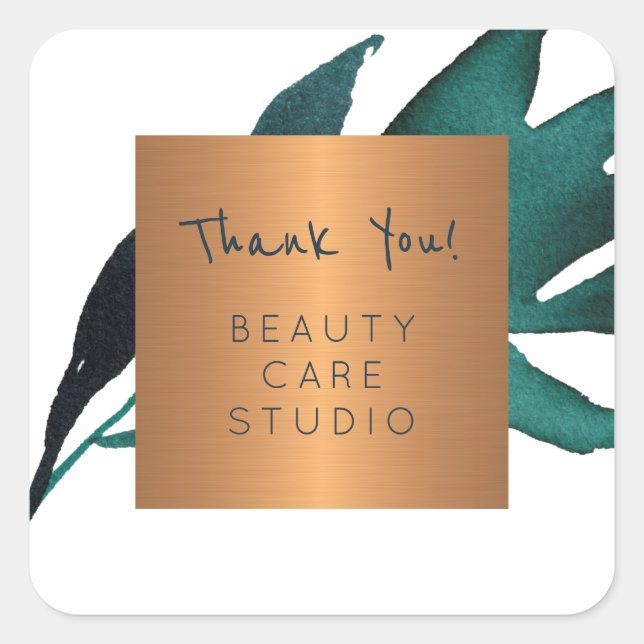 Boutique studio copper metallic leaves thank you square sticker (Front)
