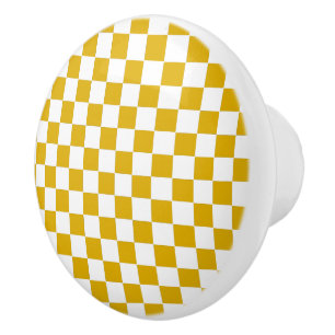Bouton De Porte En Céramique à damiers moutarde jaune et blanc