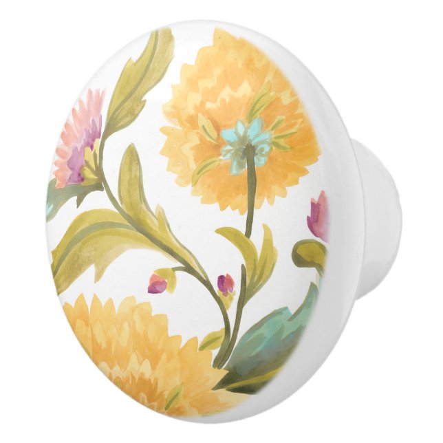 Bouton De Porte En Céramique Abbaye Carreaux floraux - Fleurs Jaunes (Droite)