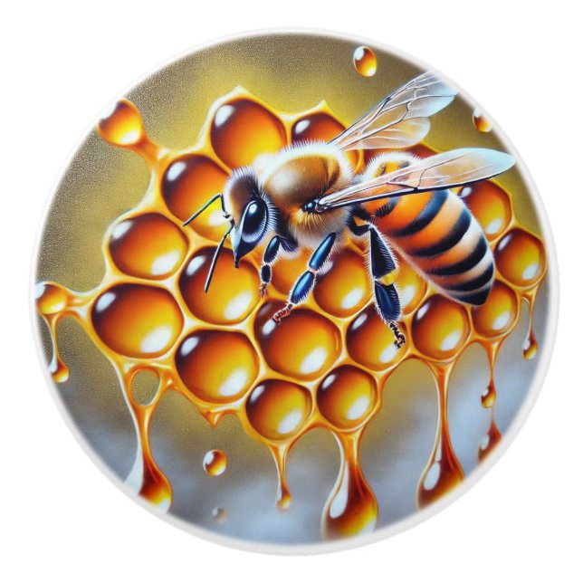 Bouton De Porte En Céramique Abeille de miel sur peigne de miel avec du miel do (Devant)