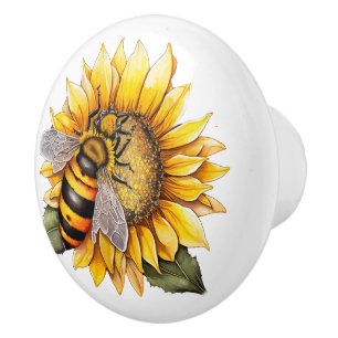 Bouton De Porte En Céramique Abeille Sur Un Tournesol