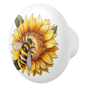 Bouton De Porte En Céramique Abeille Sur Un Tournesol