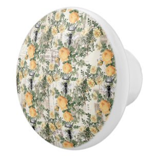 Bouton De Porte En Céramique Abeille vintage et roses jaunes