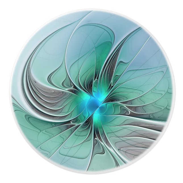 Bouton De Porte En Céramique Abstrait De Bleu, Art Fractal Moderne (Devant)