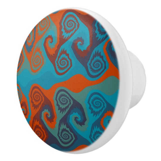 Bouton De Porte En Céramique Abstrait de tourbillon orange et turquoise (Droite)