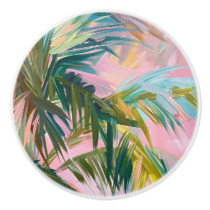 Bouton De Porte En Céramique Abstrait Palm Frond sur Pink Oil Peinture Tropical