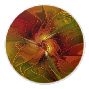 Bouton De Porte En Céramique Abstrait Rouge Orange Brown Vert Fractal Art Flowe