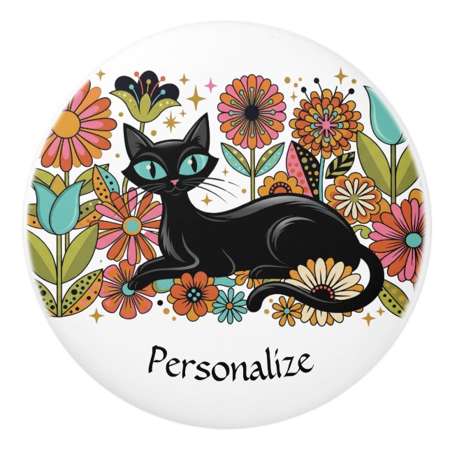 Bouton De Porte En Céramique Accent floral personnalisé chat noir rétro (Devant)