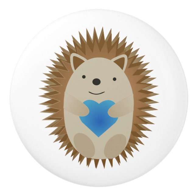 Bouton De Porte En Céramique Adorable Hérisson embrassant un Coeur Bleu (Devant)