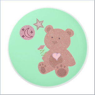 Bouton De Porte En Céramique Adorable Teddy Bear Lune & Étoiles en vert