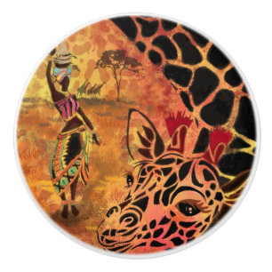 Bouton De Porte En Céramique African Girl and Giraffe - Friends - Art Drawing -