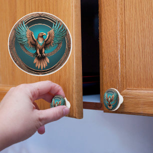 Bouton De Porte En Céramique Aigle Turquoise et Cuivre