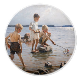 Bouton De Porte En Céramique Albert Edelfeue - Les garçons jouent sur le rivage