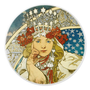 Bouton De Porte En Céramique Alphonse Mucha Princess Hyacinth Art Nouveau