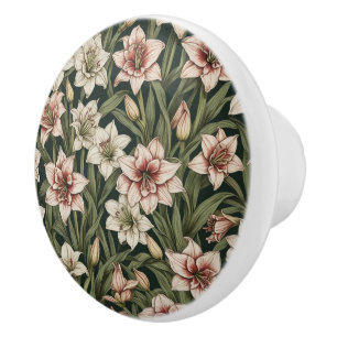 Bouton De Porte En Céramique Amaryllis fleurs vintages motif