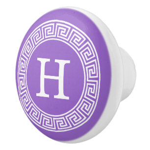 Bouton De Porte En Céramique Améthyste Wht Cadre Rnd Clé Grecque Monogramme Ini