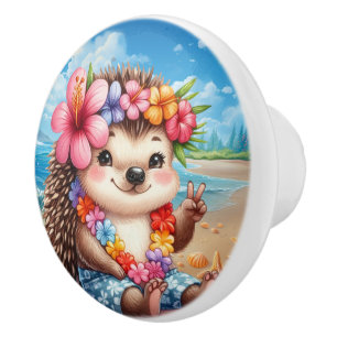Bouton De Porte En Céramique Amoureux de hérissons de plage mignons