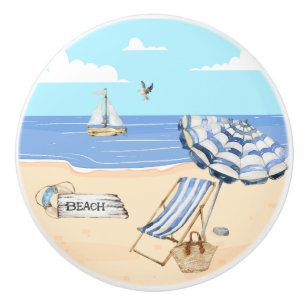 Bouton De Porte En Céramique Amusement À La Plage Bleu Aqua Aquarelle Scène