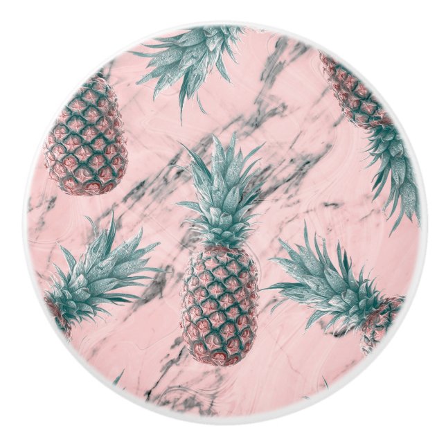 Bouton De Porte En Céramique Ananas & Marbre Rose Tourbillon Moderne Chic Tropi (Devant)