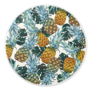 Bouton De Porte En Céramique Ananas Tropicaux & Feuilles Jungle d'Ile Exotique