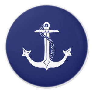 Bouton De Porte En Céramique Ancre blanche marine avec corde sur bleu marine