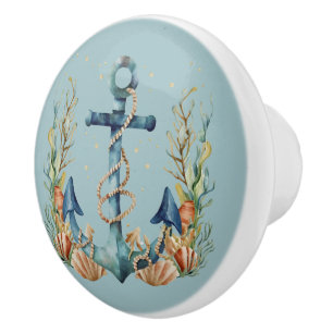 Bouton De Porte En Céramique Ancre bleue et coquillages sur Turnquoise