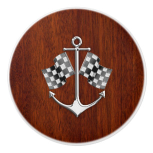 Bouton De Porte En Céramique Ancre Chrome sur le grain d'acajou nautique Imprim