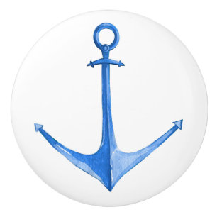 Bouton De Porte En Céramique Ancre de bateau bleu rustique