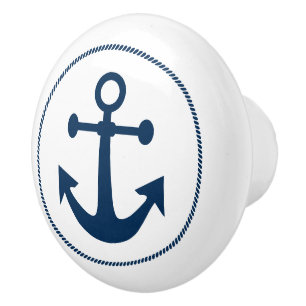 Bouton De Porte En Céramique Ancre nautique avec corde bleu marine