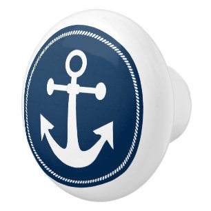 Bouton De Porte En Céramique Ancre nautique avec corde sur fond bleu marine
