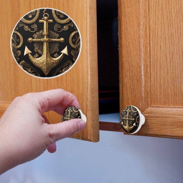 Bouton De Porte En Céramique Ancre or sur noir (Créateur téléchargé)