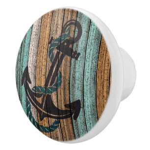 Bouton De Porte En Céramique Ancre Sur Antique Patiné Plaques en bois Motif