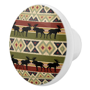 Bouton De Porte En Céramique Animaux de la faune de l'orignal Rouge vert Ochre 