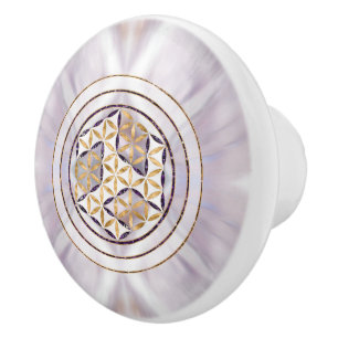 Bouton De Porte En Céramique Antahkarana dans la fleur de vie - Pearl et Amethy