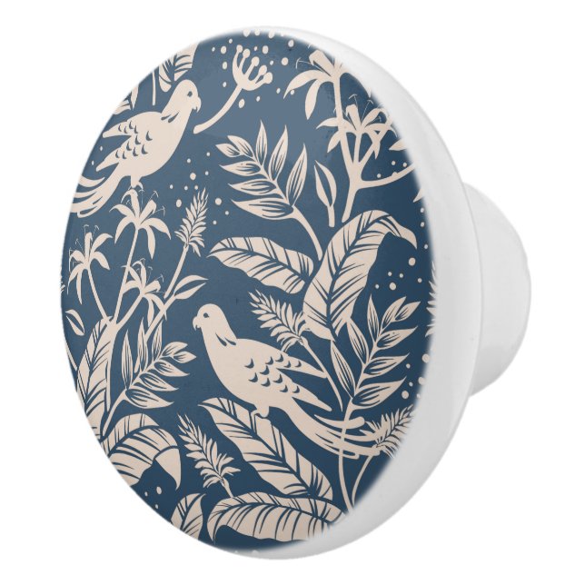 Bouton De Porte En Céramique Antique Chinoiserie Oiseau Floral Bleu et ivoire (Droite)