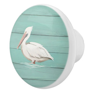 Bouton De Porte En Céramique Aqua Blue Pelican Bird Faux Wood Drawer knower