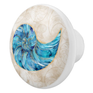Bouton De Porte En Céramique Aquarelle bleu coque Nautilus