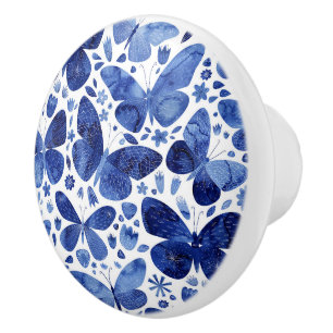 Bouton De Porte En Céramique Aquarelle bleu Motif papillon