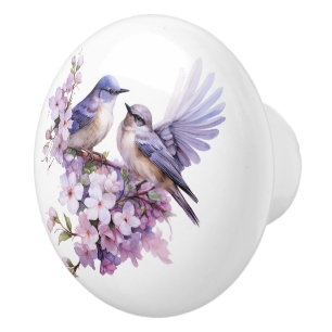 Bouton De Porte En Céramique Aquarelle Bluebirds et Cherry BLossoms
