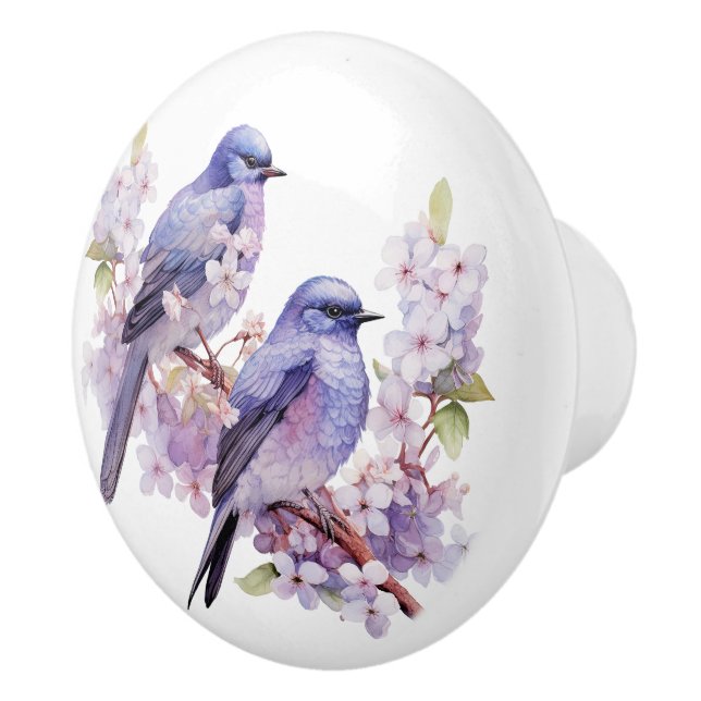 Bouton De Porte En Céramique Aquarelle Bluebirds et fleurs de cerisiers (Droite)